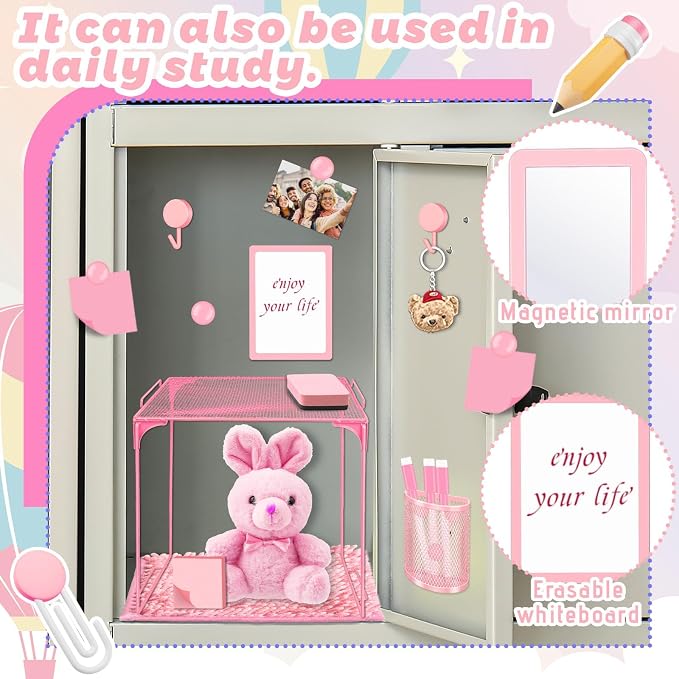 Demonwer Locker Accessories With Locker Shelf Locker Mirror Magnetic Pen Holder Sticky Note Whiteboard Mat Pink Locker Organizer for Work Mesh Metal Shelf Accessories Kit for School Office Supplies