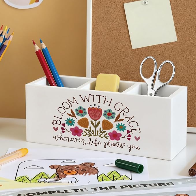 Boho Floral Inspirational Pen Pencil Holder, Mental Health Wood Desk Organizer and Accessories, Inspirational Positive Gifts for Women Pen Holder Desk Organizer for Therapy Office Tabletop