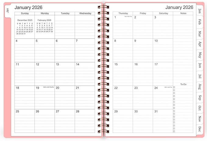 Tiankool Planner 2026-2027 - Jan 2026-Jun 2027 Weekly Monthly Planner with 18 Monthly Tabs, Elastic Closure, Inner Pocket, Round Corner,5.8" x 8.25"- Pink