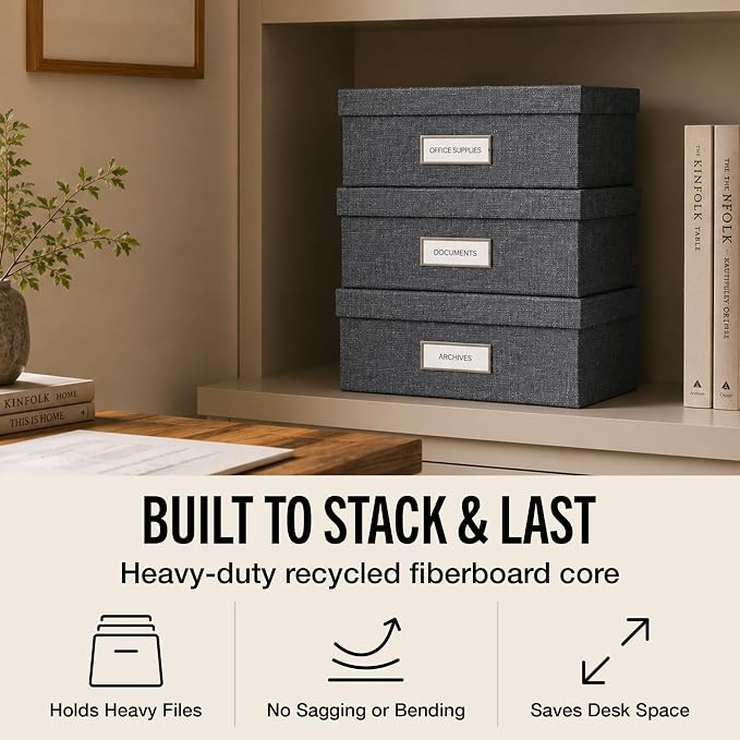 Bigso Oskar Canvas Fiberboard Document Letter Box for Important Paperwork A4 or Letter Size - Durable Keepsake Box with Lid and Metal Label Holder - 3.3in x 10.2in x 13.8in - Melange Grey - 3 Pack