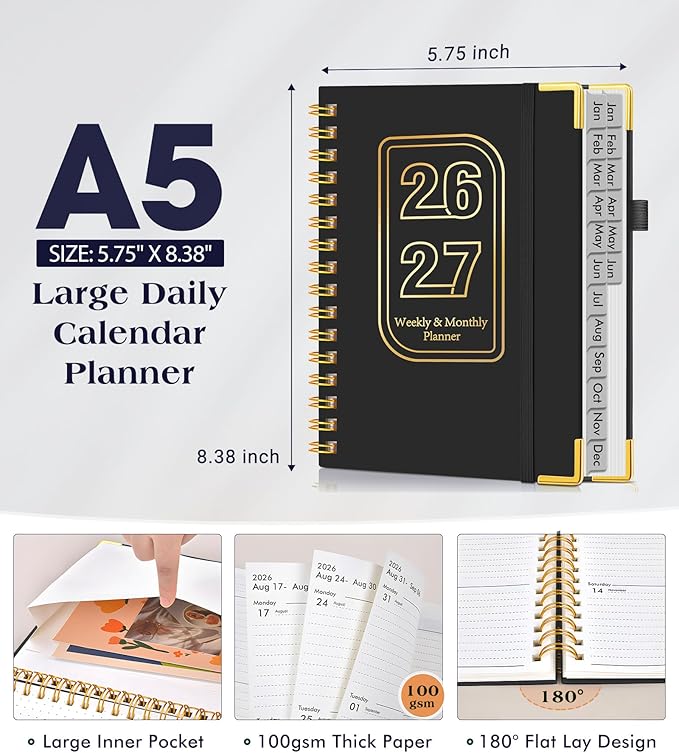 Planner 2026-2027, 18 Months Weekly and Monthly Hardcover Planner, January 2026 - June 2027, 5.75" x 8.38" A5 Daily Calendar Planner Book with Tabs, Spiral Yearly Agenda Organizer Notebook for School Work Home, Black