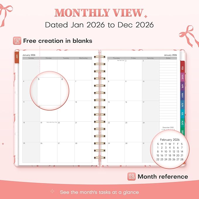 2026 Planner Weekly and Monthly, Jan.2026 - Dec.2026, Hardcover Calendar 2026 Agenda Daily Planner Book Spiral Notebook with Monthly Tabs, 6.1" x 8.3", Pink Bow