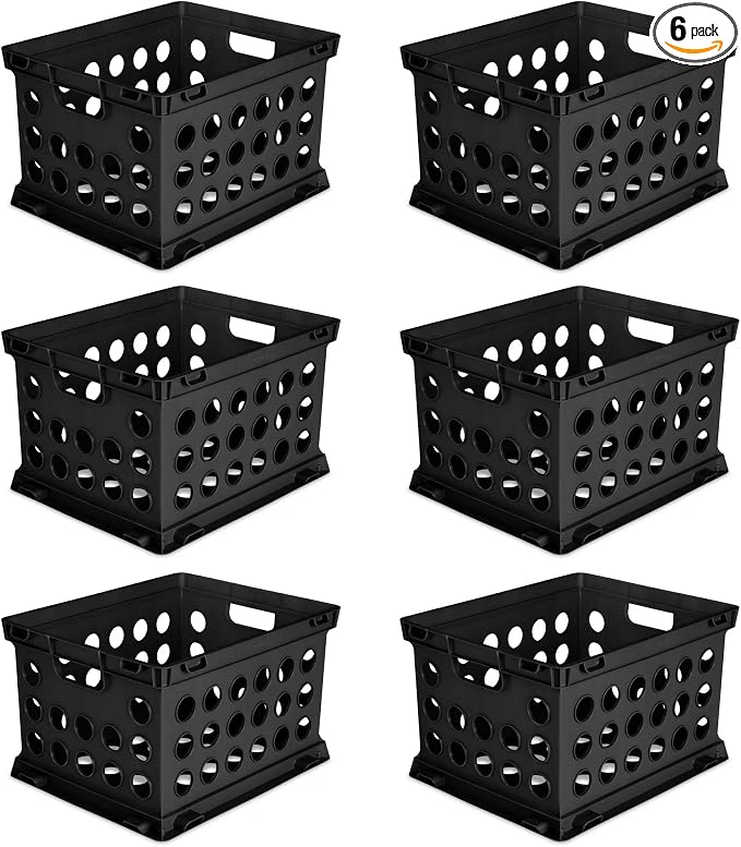 6-Pack File Crate, Storage Crates, Plastic Storage Bins for Letter & Files, Stackable Organizer Box with Handles, Black File Organizer for Home Office & Garage, 17.25" L x 14.25" W