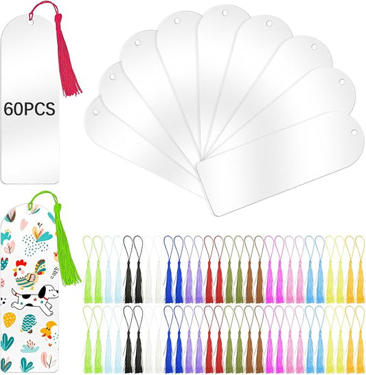 120 Pcs Clear Acrylic Bookmark Blanks 6" x 2", Transparent Semicircle Blank Acrylic Bookmarks Bulk 60pcs Plastic Book Page Markers with 60pcs Book Mark Tassels for DIY Crafting Projects and Gift Tags