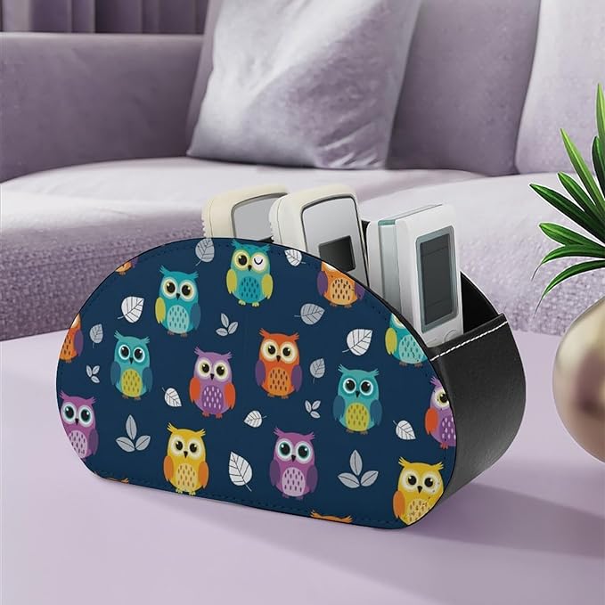 Desk Organizer and Remote Holder, 5-Compartment PU Leather Storage Box for TV Controllers, Office, and Home Supplies, Cute Owl
