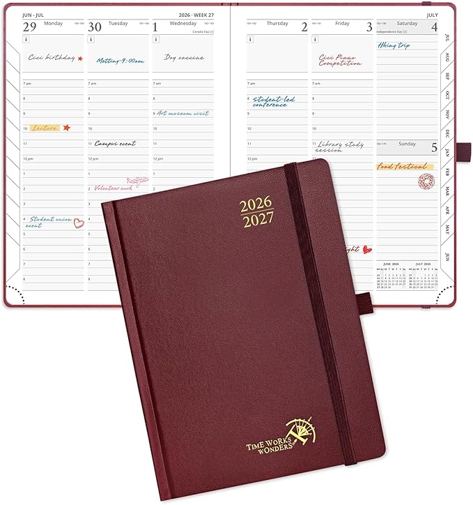 POPRUN 2026-2027 Academic Planner, 6.5" x 8.75", Weekly and Monthly Calendar, July 2026 to June 2027, Hardcover Appointment Book with Verital Layout, Hourly Time Slots, Monthly Tabs - Burgundy