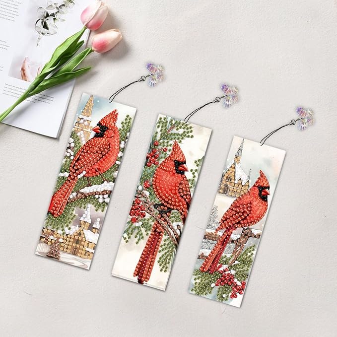 3Pcs DIY Diamond Art Painting Bookmarks with Colorful Butterfly Pendant PET Bookmark Ornament Double Sided Pattern Single Sided Diamond Book Marker Clip Gifts Tags-Cardinal