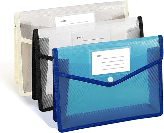 3Pcs Plastic Expanding File Folder, Transparent envelopes with Snap Closure, No Dividers, Large Capacity, Colorful File Folder Organizer, Accordion File Organizer, Fit Letter/A4 Size for Office/School