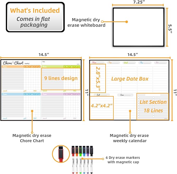 JJPRO Magnetic Dry Erase Chore Chart and Weekly Calendar Set for Fridge-Chore Chart for Multiple Kids,Weekly Planner Board,Family Chore Board for Multiple Kids&Adults,Bonus to-do Whiteboard