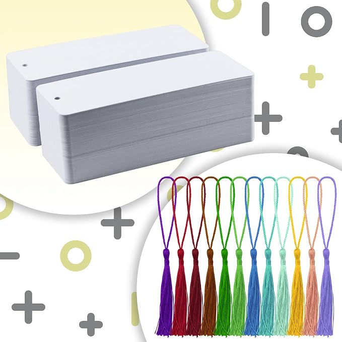 Bercoor 240 PCS White Blank Paper Bookmarks Decorate with 240 Pcs Tassels, Thick Cardstock Bookmark for DIY Craft Projects and Gifts Tags