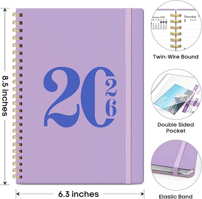 2026 Planner, Weekly and Monthly Calender Planner, Jan 2026 to Dec 2026, Hardcover 2026 Calendar Book with Tabs & Inner Pocket, Office Home School Supplies for Women & Men - A5 (6.3" x 8.5"), Purple
