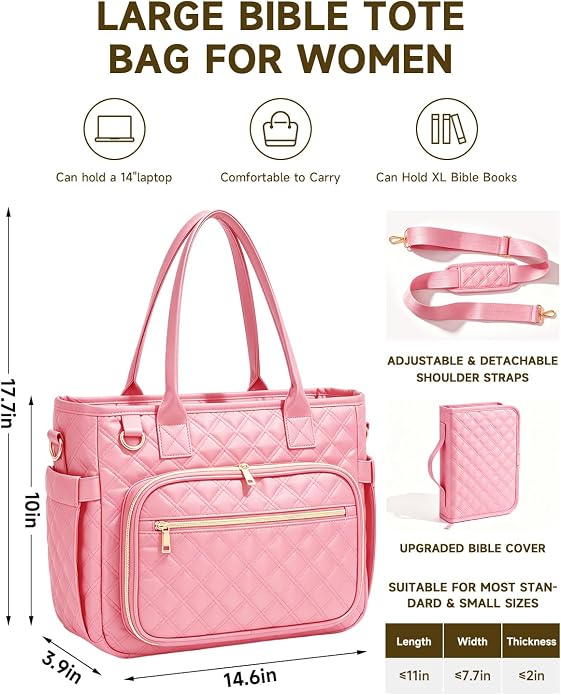 Bible Bag with Bible Cover Case for Women, Large Quilted Bible Tote Bag with Shoulder Strap