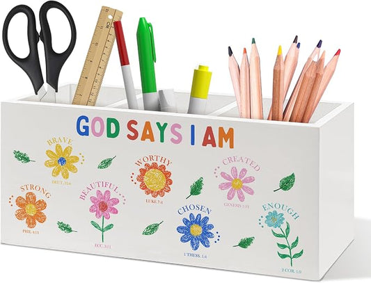 Christian Bible Verse Floral Pen Holder, Inspirational Office Pen Pencil Holder Organizer for Desk Accessories, God Says I Am Wooden Box Desk Decor for Girl Nursery Room Desk Decorations