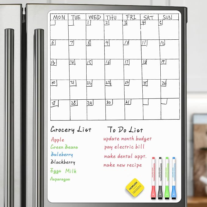 HOMiDEK Magnetic Whiteboard for Fridge, Small Refrigerator Magnet Dry Erase Board with 4 Markers & 1 Eraser, Reusable Blank White Board Sheet for Home, Office, School, Classroom Supplies - 17.5 x 25