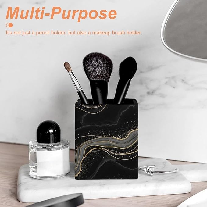 Fashion Pencil Pen Holder Cup, Waterproof Office Supplies, Waterproof Multifunctional Office Supplies Black Marble Gold Line