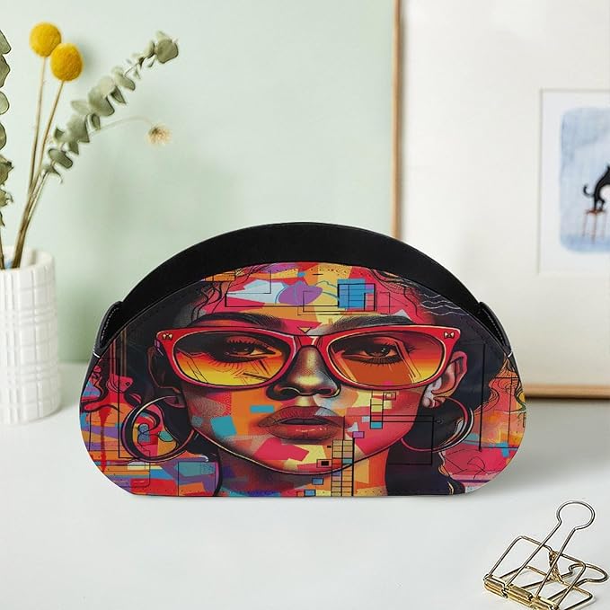 Remote Control Holder,Girl Wearing Sunglasses Printed PU Leather Remote Caddy Desktop Organizer with 5 Compartments for Media Accessories & Office Supplies Storage