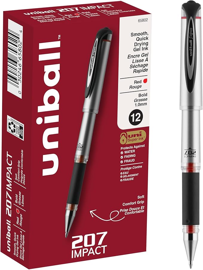 uniball 207 Impact Gel Pens, Bold Point (1.0mm), Red, 12 Pack