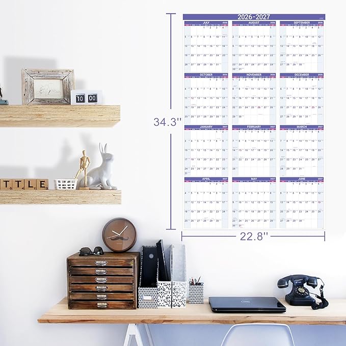 2026-2027 Yearly Wall Calendar - Calendar 2026-2027, July 2026 - June 2027, Large Wall Calendar 26-27, 34.8" x 22.8"(Open), Full Year Calendar Large, One Page Vertical with Round Stickers - Purple