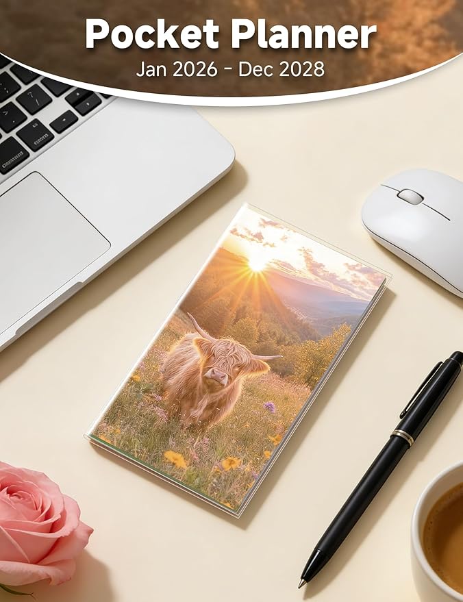 Pocket Calendar 2026-2028 Animal Series, Monthly Planner Jan 2026 to Jul 2028 (3.7" x 6.7") Perfect Purse Calendar, Pocket Agenda with Protective Plastic Sleeve- Highland Cow