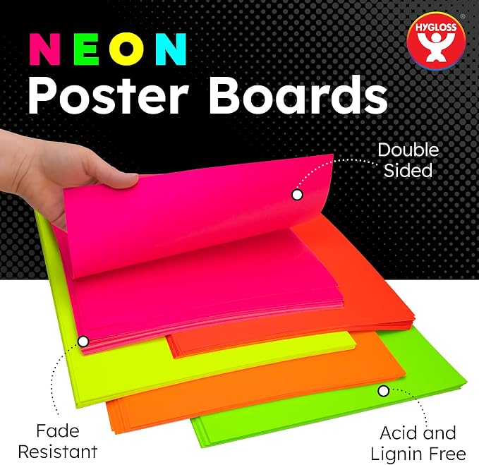 Hygloss Medium Poster Board 11x14 - 100 Assorted Neon Color Bulk Pack - 10 Pt. Thickness Colored Poster Board Paper for Projects, Signs, Displays - Posterboard Multipack 11" x 14"