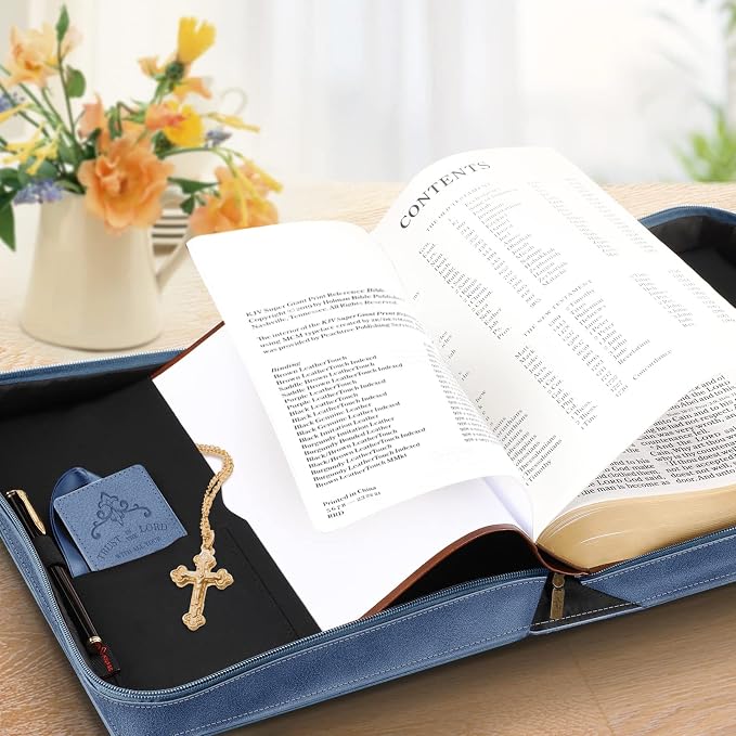 FINPAC Large Classic Bible Cover Vegan Leather Carrying Book Case Church Bag Bible Protective with Handle, Gift for Men, Women, Father, Mother, Friends, Blue