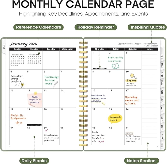 2026 Planner, Weekly and Monthly Calender Planner, Jan 2026 to Dec 2026, Hardcover 2026 Calendar Book with Tabs & Inner Pocket, Office Home School Supplies for Women & Men - A4 (8.5" x 11"), Green