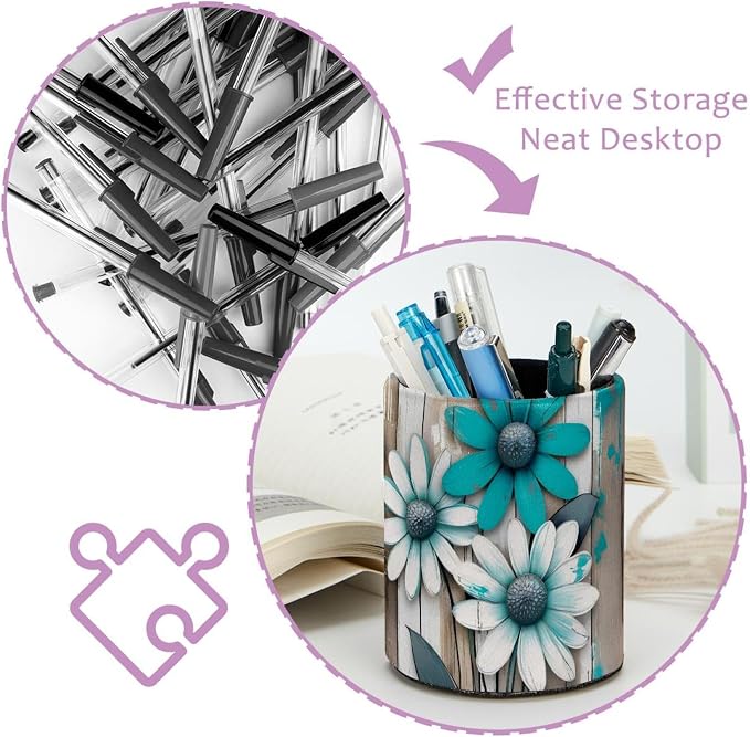 Pen Pencil Holder for Desk, Teal Daisy Butterfly Farmhouse Makeup Brush Holders Leather Pen Organizer Pencil Caddy for Office Home Art Supply
