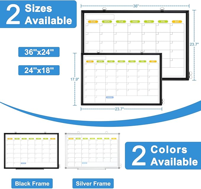 Dry Erase Calendar Whiteboard for Wall, WALGLASS 36" x 24" Magnetic White Board, Monthly Dry Erase Calendar with Silver Aluminum Frame, Double-Sided Hanging Portable Board for Office, Home, School