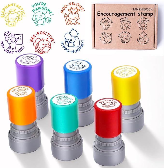 6-Piece Set of Teacher Stamps - Encouraging Animal Grading for Classroom Teacher Stamps for Grading Teacher Stamp Self Inking Stamp Behavior Stamps (Regular)