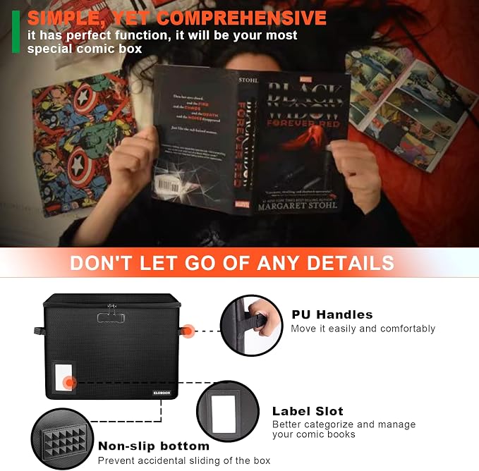 Comic Book Storage Box, Fireproof & Water-Resistant Comic Book Box with Lock and Label Window, Moistureproof Comic Short Box with Fire Zipper Holds 150-175 Comics,Heavy Duty Bin Black