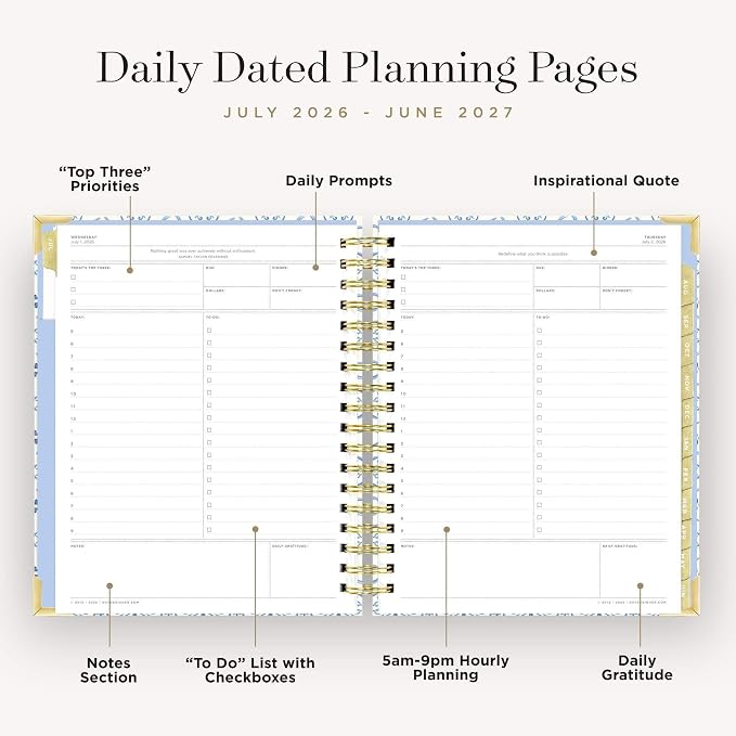 Day Designer 2026-2027 Daily Academic Year Planner Calendar, July 2026 - June 2027, 7.4" x 9.5", Glossy Laminated Cover, Wirebound, Laminated Tabs, Storage Pocket, Includes Stickers & Snap-In Ruler, Casa Bella