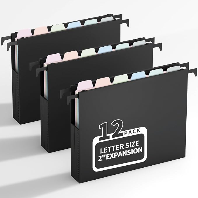 Uquelic Plastic Hanging File Folders Letter Size, 12 Pack Reinforced Heavy Duty Hang Folder with Movable Pastel Dividers, Adjustable Tabs, 2" File Organizer for Filing Cabinet, School, Office