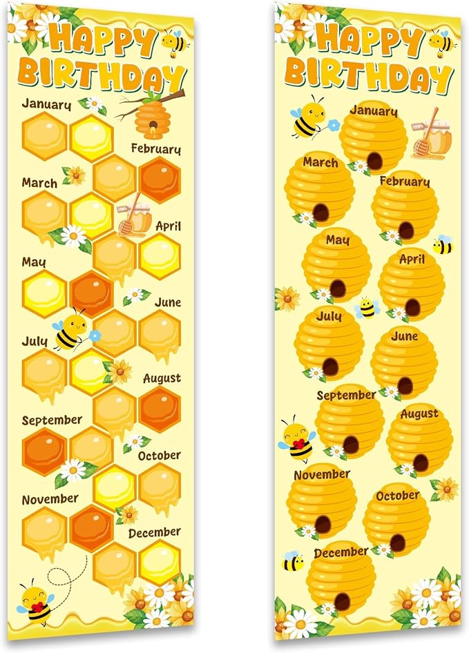 Bee Happy Birthday Poster Chart Calendars Bulletin Board Decorations Honey Bumble Birthday Classroom Wall Door Decor for Hive Birthday Bulletin Boards Nursery Home Kindergarten Back to School Supplies