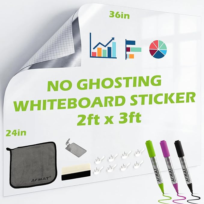 AFMAT Whiteboard Sticker for Wall, 36" x 24" White Board Paper, Super Sticky Dry Erase Wallpaper, Peel and Stick Dry Erase Board with 3 Markers, No Ghosting Whiteboard Paper for Home Office Classroom