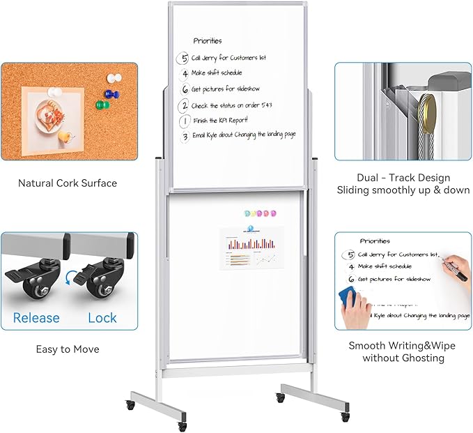 Rolling Whiteboard with Stand, 24x63 Double-Sided Magnetic Dry Erase Board & Cork Board, 4 Writing Surfaces, Adjustable Height Mobile White Board on Wheels for Home, Office, Classroom