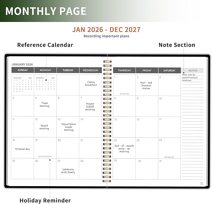 Monthly Planner 2026-2027, 2 year calendar 2026-2027 Calendar Book from Jan 2026 - Dec 2027 with Waterproof PVC Cover, 9'' x 11'', Organize Schedule for School, Office, Family,Black