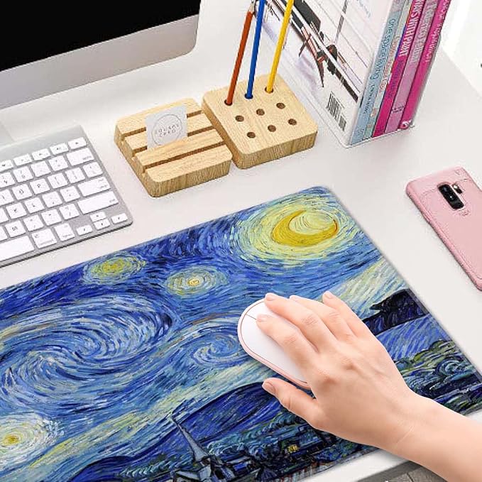 Gaming Mouse Pad, Large Non-Slip Rubber Base Mousepad, Keyboard Mouse Mat, Desk Pad with Stitched Edges, 31.5x11.8inch, Vincent Van Gogh - The Starry Night