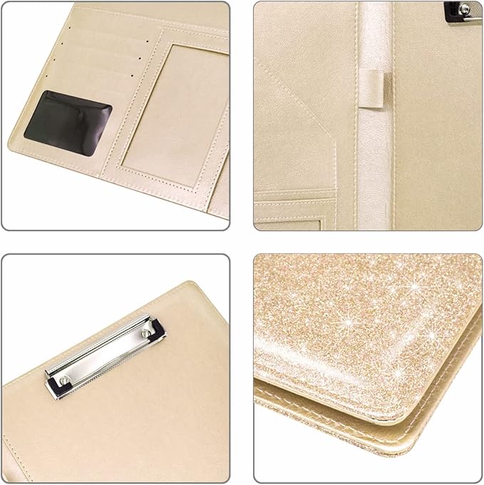 WAVEYU Glitter Portfolio Case, Bling Padfolio Cover for Women, Conference/Resume/Legal Document Organizer with Letter/A4 Size Clipboard Hardboard, Business Card Holders, Champagne