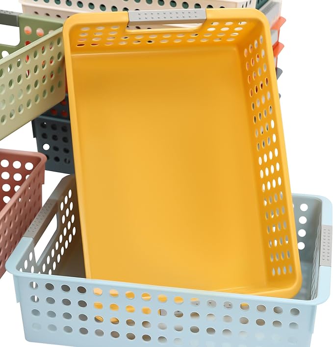 24 Pack Plastic Storage Baskets - Colorful Paper Organizer Baskets Plastic Shelf Bins with Handles, Classroom Office File Holder for Home Office School