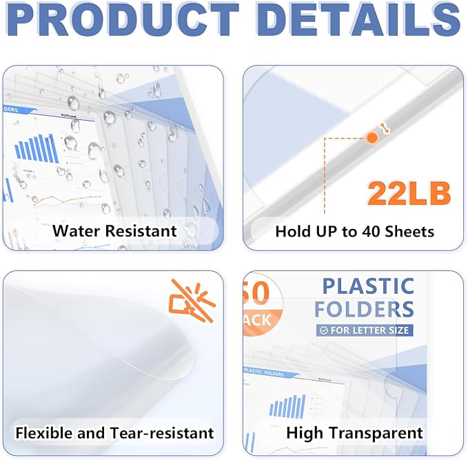 TOTiyea 50 Pack Clear Folder, 7Mil Plastic L-Type Folders, Clear Copy Safe Project Pocket, Fits Letter Size 8.5x11 Paper, Transparent
