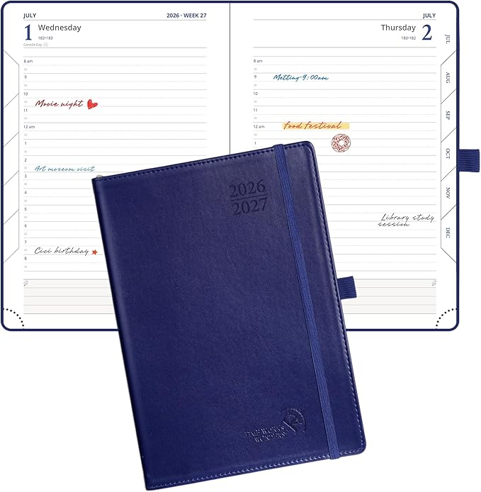 POPRUN Daily Planner 2026-2027 One Page per Day, (A5 Size 5.7" x 8.5") Academic Planner (July 2026 - June 2027) Hourly Appointment Book with Vegan Leather Hardcover, Monthly Tabs & Inner-pocket - Night Sky Navy Blue