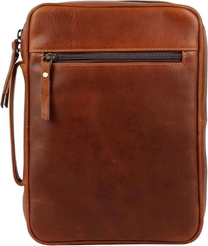 Leather Bible Cover for Men & Women – Zippered Bible Case with Handle, Note & Pen Organizer – Fits Large Study Bible – 11.5x8.5 Inch (Orange)