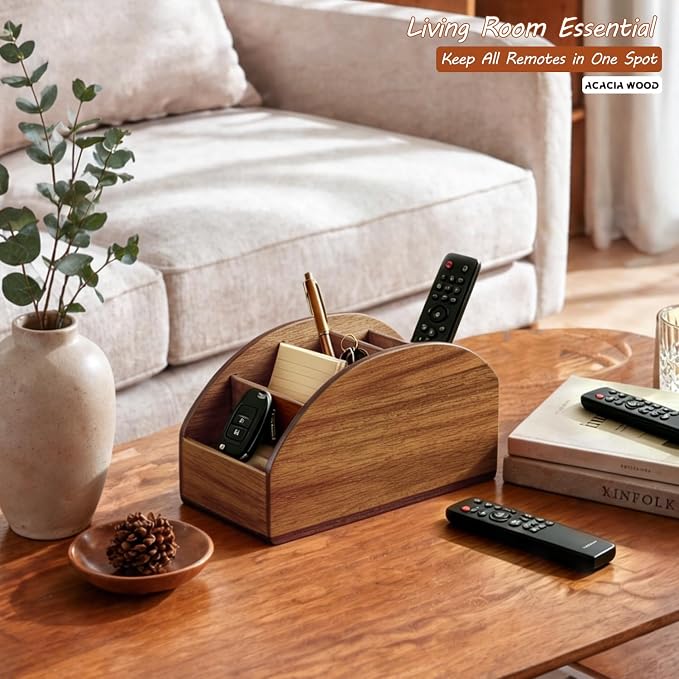 BIBELUN Large TV Remote Control Holder, Rustic Wood Nightstand Remote Caddy with 5 Compartments, Entryway Table Storage Box Organizer for Phones, Controllers, Media Player, Office Supplies, Home Décor