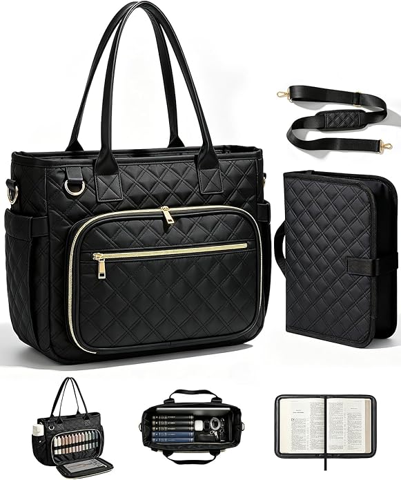 Bible Bag with Bible Cover Case for Women, Large Quilted Bible Tote Bag with Shoulder Strap