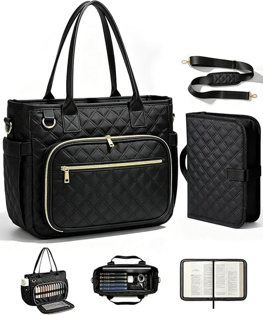 Bible Bag with Bible Cover Case for Women, Large Quilted Bible Tote Bag with Shoulder Strap