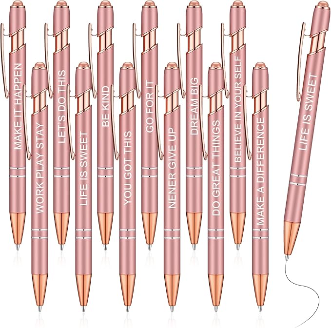 Zonon 12 Pcs Inspirational Pens Gift Set Funny Ballpoint Pen with Stylus Tip Motivational Graduation Gifts Bulk for Teacher Coworkers Nurse School Office Supplies(Rose Gold,Motivational Style)