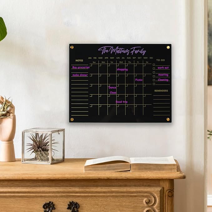 Black Acrylic Calendar Dry Erase for Wall, Family Planner, Monthly Calendar Dry Erase Whiteboard for Home, Office, 17" x 13"Reusable White Board(Acrylic-BK-3343)