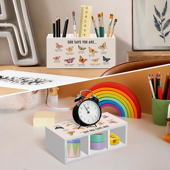 Christian God Says You Are Pen Pencil Holder for Desk, Christian Gifts for Women, Butterfly Office Desk Accessories, Butterfly Bible Makeup Brush Holders Organizer for Bathroom Classroom
