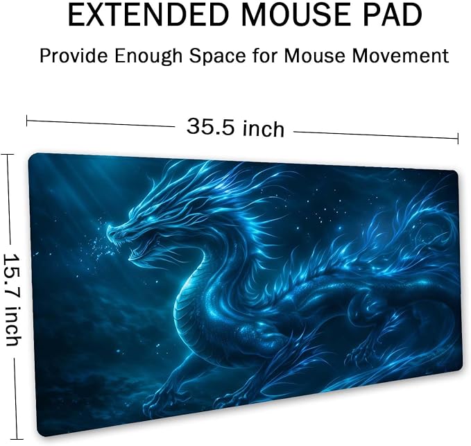 SSOIU Extended Mouse Pad, XXL Gaming Mouse Pads, Large Big Mousepad Laptop Computer Keyboard Mat Desk Pad with Non-Slip Base Stitched Edge for Gaming Office, 35.5 x 15.7 inch, Blue Dragon
