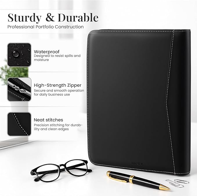 Padfolio Portfolio Organizer Binder,Faux Leather Interview Resume Folder,Letter Size A4 Legal Writing Pad Holder for Business School Office Conference Notepad Clip Boards （Black）